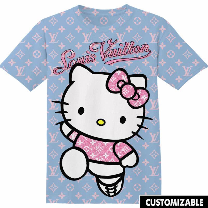 Customized Cartoon Gift For Hello Kitty Fan Pink Glitter Pattern LV Luxury Adult And Kid Tshirt HG