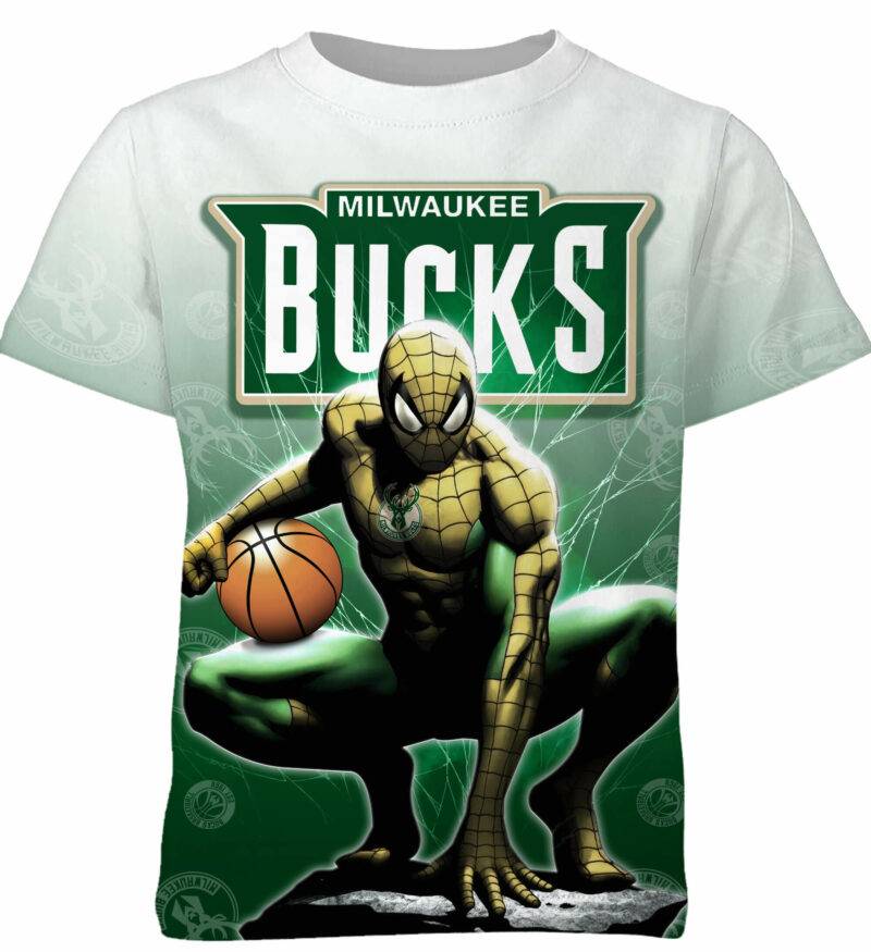 Customized Marvel NBA SpiderMan Milwaukee Bucks Tshirt Adult And Kid Tshirt