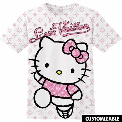 Customized Cartoon Gift For Hello Kitty Fan Pink Glitter Pattern LV Luxury Adult And Kid Tshirt HG