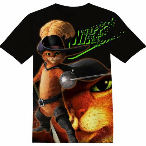 Customized Cartoon Gifts Handsome Puss in Boots Tshirt Adult And Kid Tshirt