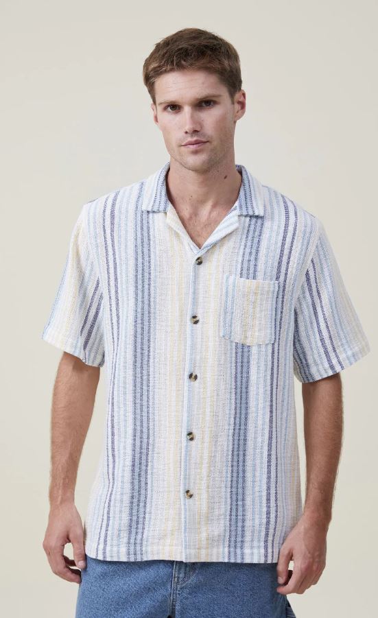 Cuban collar, short-sleeved shirt from COTTON:ON Palma Short Sleeve Shirt. Multicolored striped patterns with elegant colors bring a cool look to the opposite person.