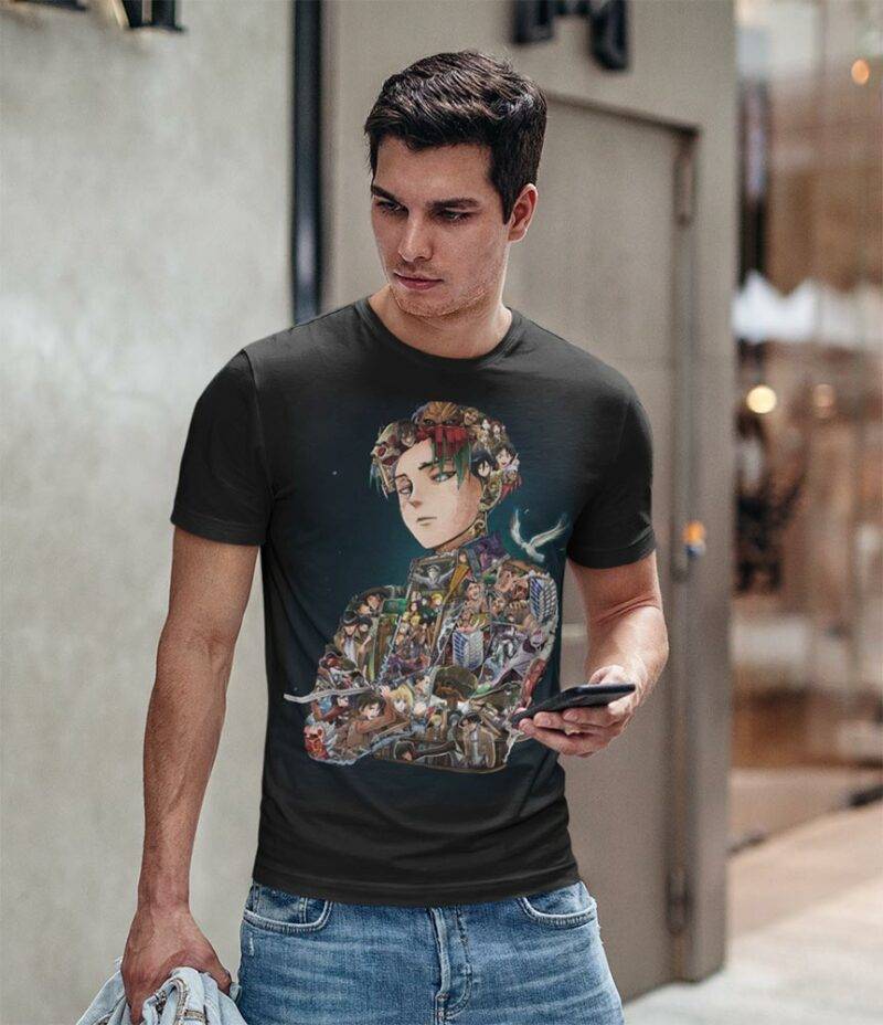 t shirt Levi featuring a young man by a store